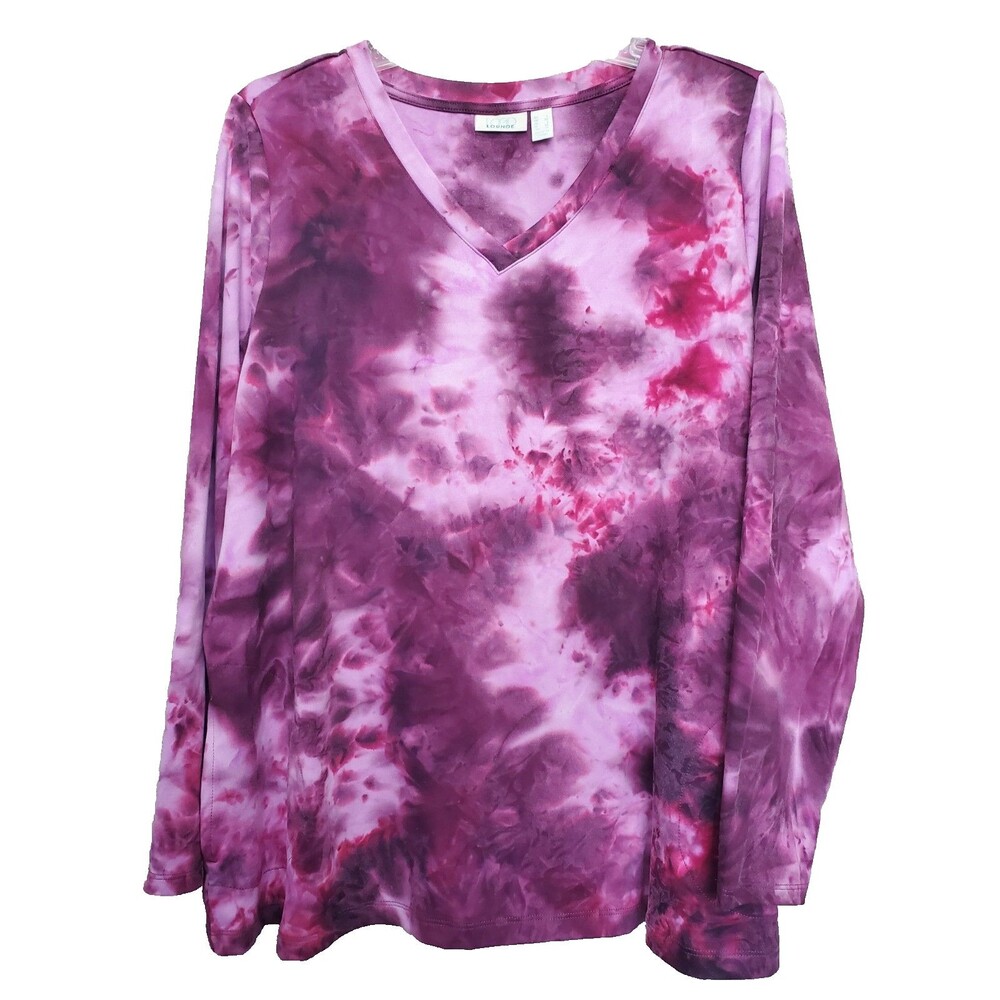 LOGO Lounge by Lori Goldstein Brushed Tie-Dye V-Neck Long Sleeve Top Purple LGE